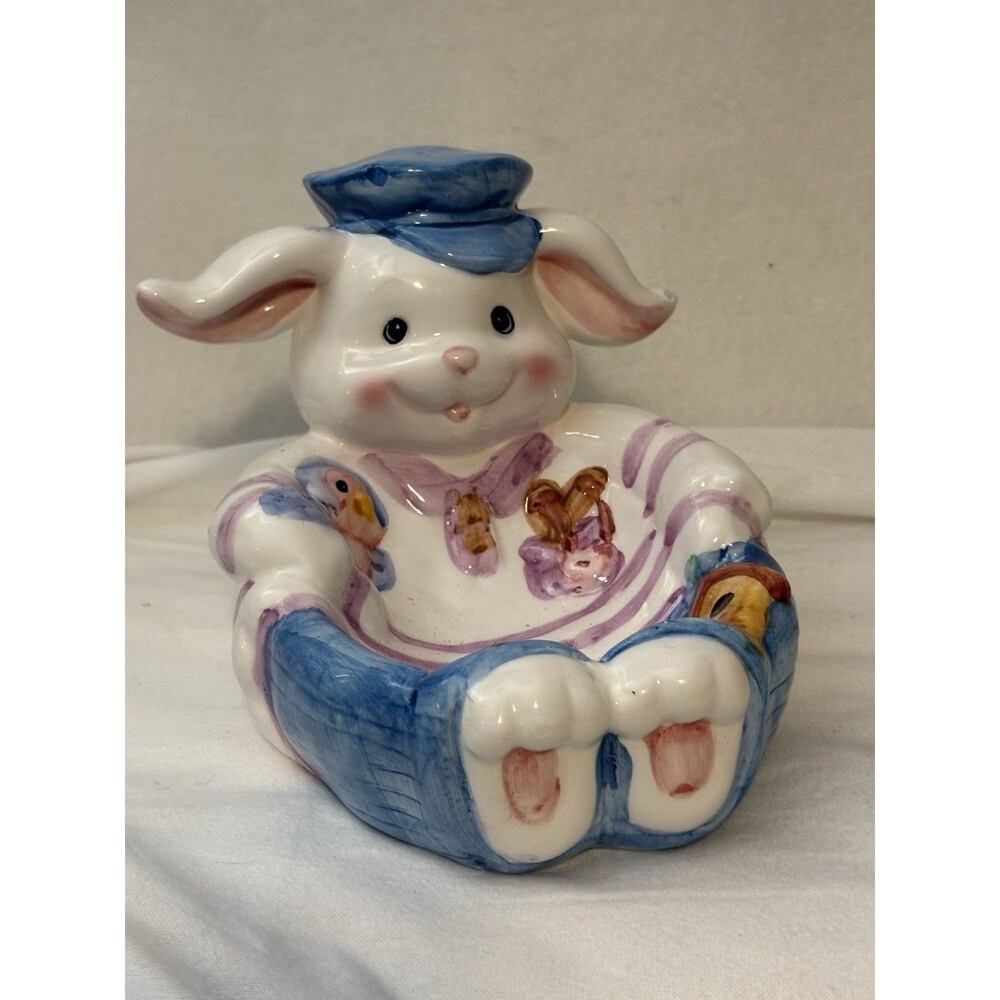 Vintage WCL Ceramic Bunny Candy Dish Easter Rabbit Bowl Birdhouse Hand Painted